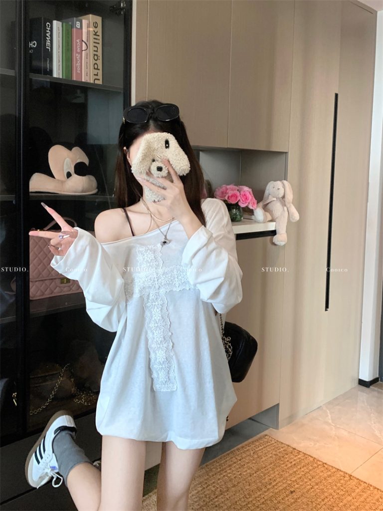 Women's Sheer Lace Long Sleeve Loose Fit T-Shirt