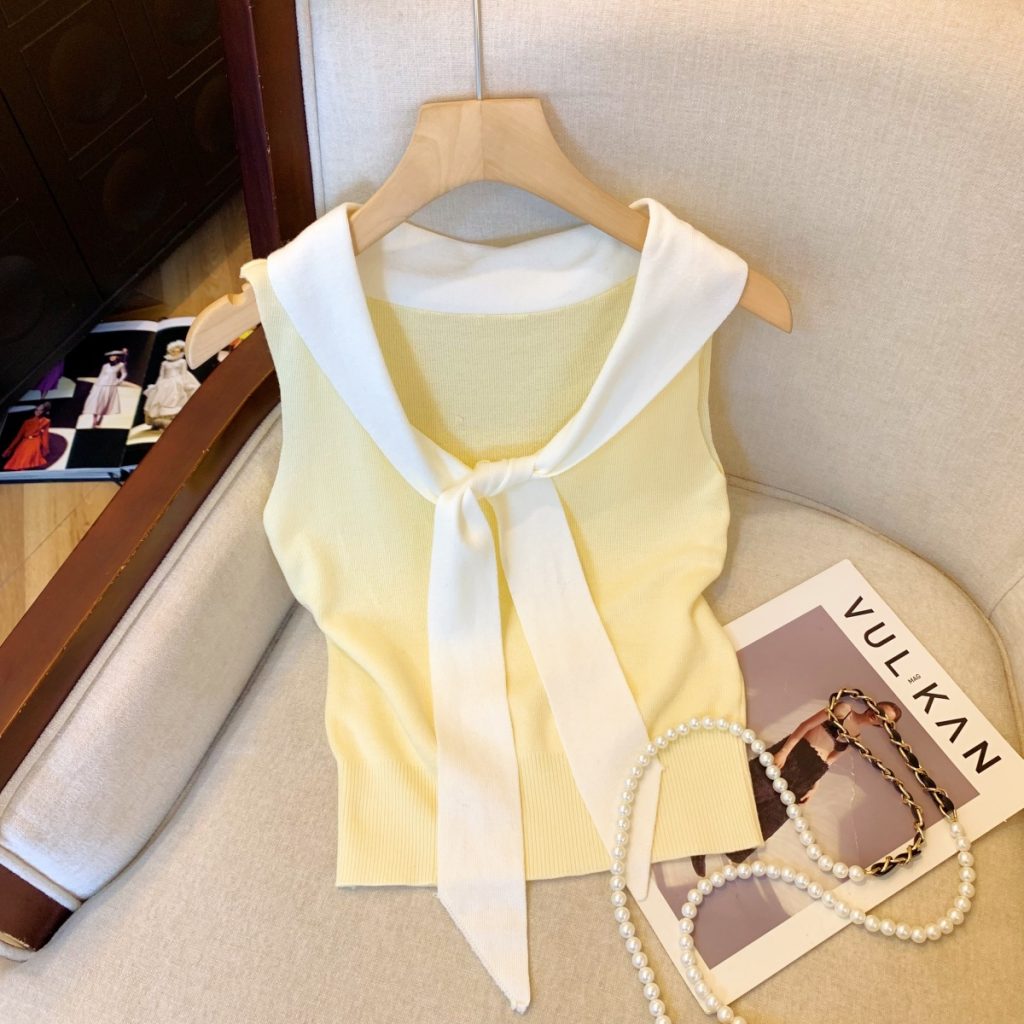 Women's Summer Knit Camisole with Sailor Collar and Tie Front