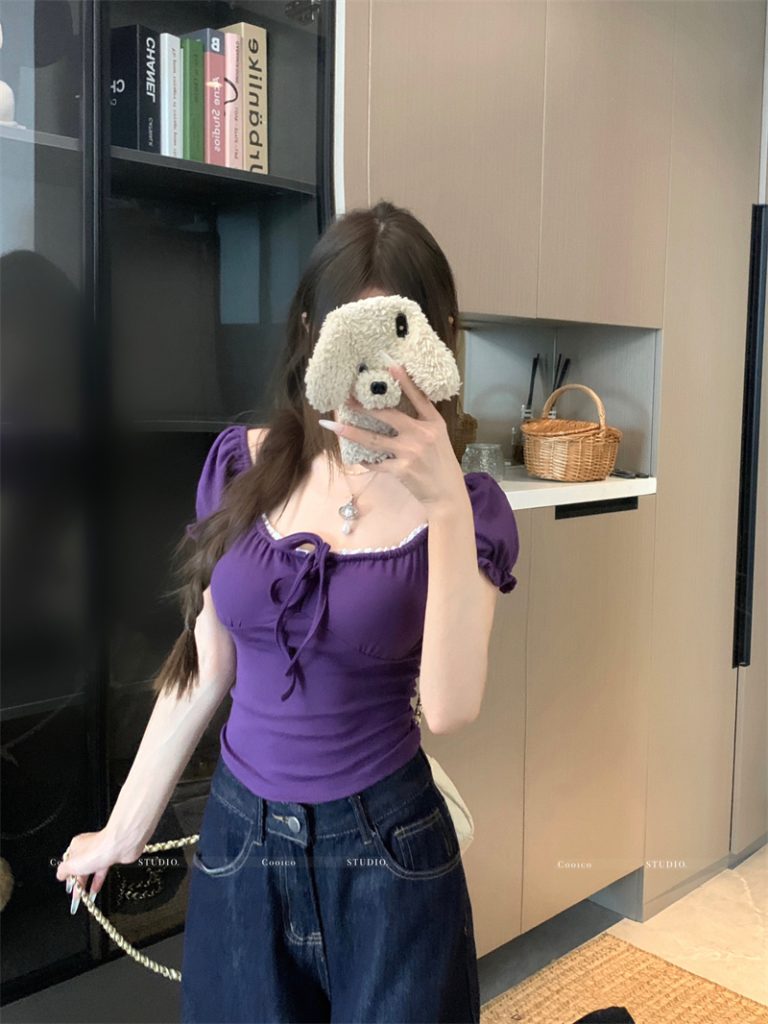 Women's Lace Square Neck Puff Sleeve Crop Top Off-Shoulder Sweet Style