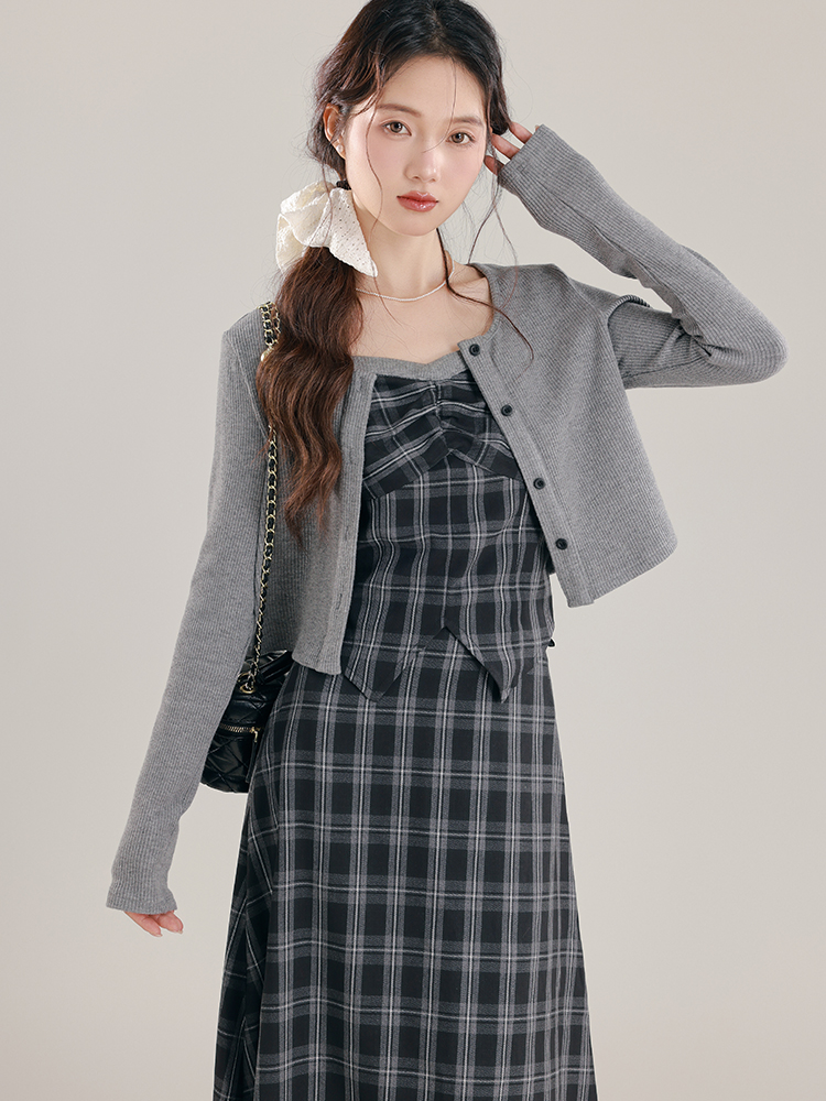 2026 Autumn Plaid Knit Cardigan Cami and Midi Skirt Three-Piece Set for Women