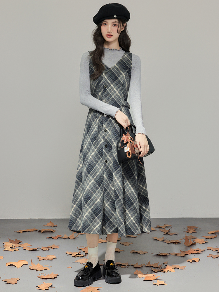 Autumn Winter Preppy Plaid French Vintage A-Line Midi Dress for Women
