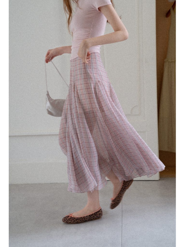 Korean Style Pink Plaid A-Line Midi Skirt for Women High Waist Slimming Ruffle Hem