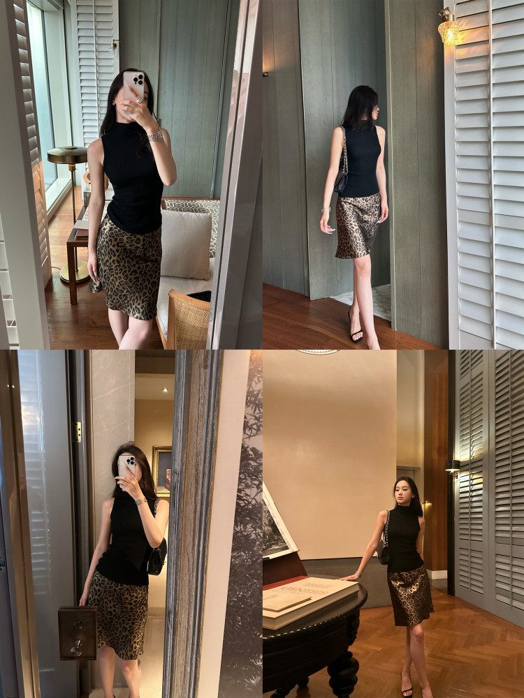 Retro Gold Leopard Print A-Line High Waist Skirt Summer Slimming Short Skirt