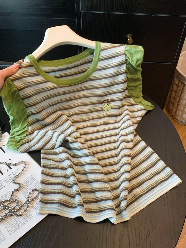 Korean Color Block Striped Fly Sleeve T-Shirt for Women Summer Ruffle Trim Slimming Youthful Top 2026 Summer Korean Knit Sweater