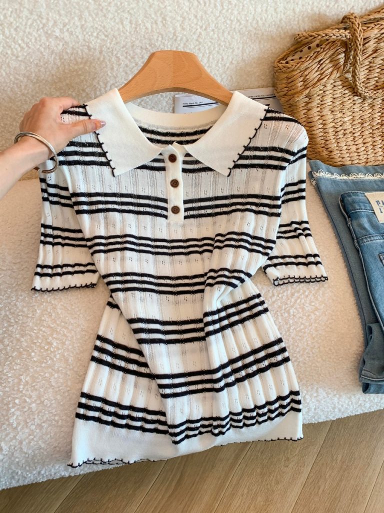 Striped Knit Short Sleeve Polo Shirt for Women Summer Elegant Old Money Style