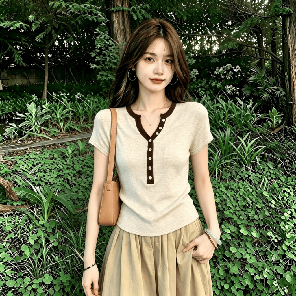 Korean Style Henry Neck Striped Short Sleeve T-Shirt for Women Summer Slim Fit