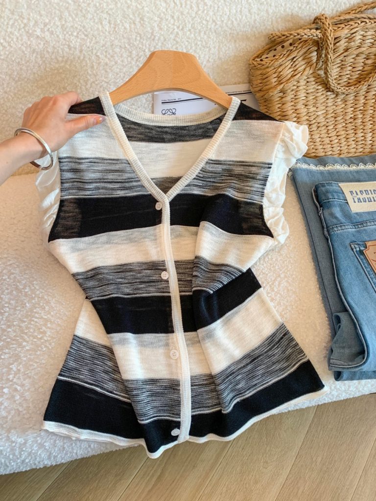V-Neck Striped Ruffle Sleeve Knit Cardigan Women 2026 Summer Lightweight Short Sleeve Top