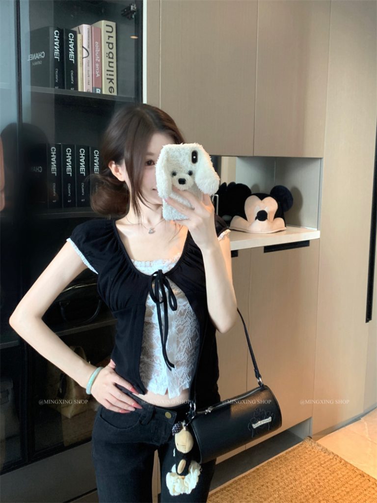 Women's Lace Spliced Faux Two-Piece Top - Cotton Knit Summer 2026