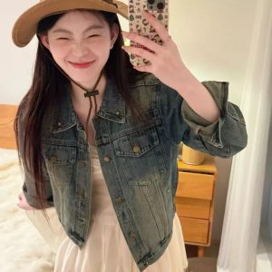 Women's Vintage Cropped Denim Jacket Early Spring 2026 Casual Collared Outerwear
