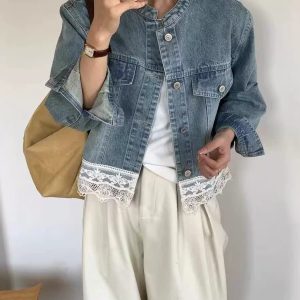 Spring New Retro Lace Spliced Ruffle Distressed Denim Jacket Round Neck Loose Outerwear Women