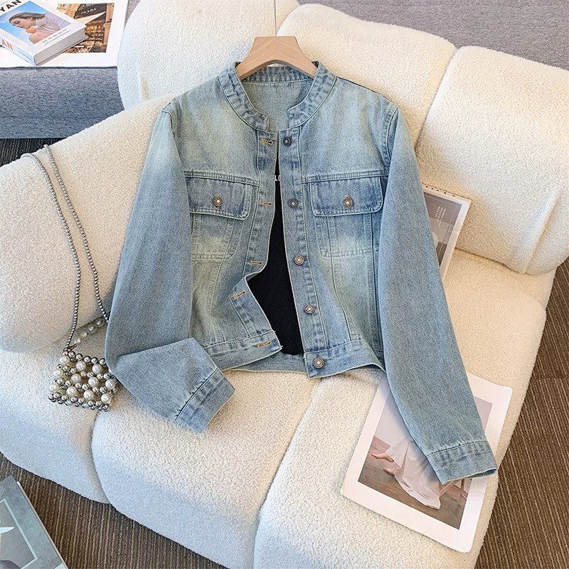 American Retro Stand Collar Denim Jacket Women Spring Autumn Short 2026 New Loose Korean Style Petite Jacket Top
