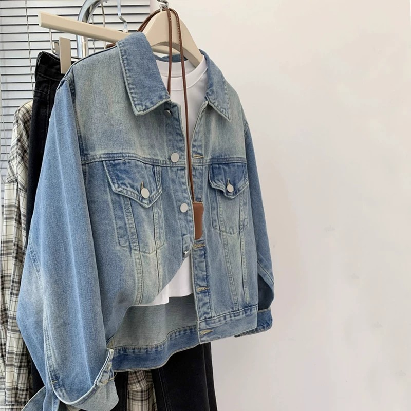 Women's American Retro Stand Collar Denim Jacket Cropped Loose Fit Korean Style Petite Fall 2026