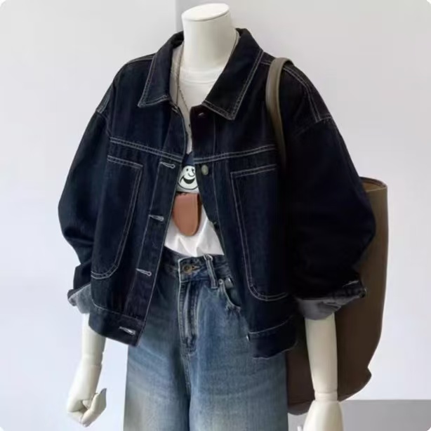 Autumn New Dark Blue Short Denim Jacket Korean Style Casual Pocket Workwear Slimming Top
