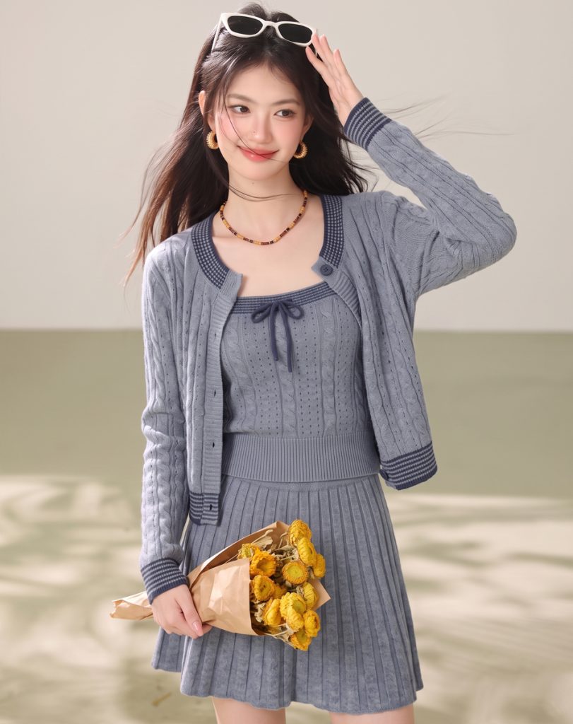 Korean Chic Two-Piece Knit Sweater and Pleated Skirt Set with Cardigan