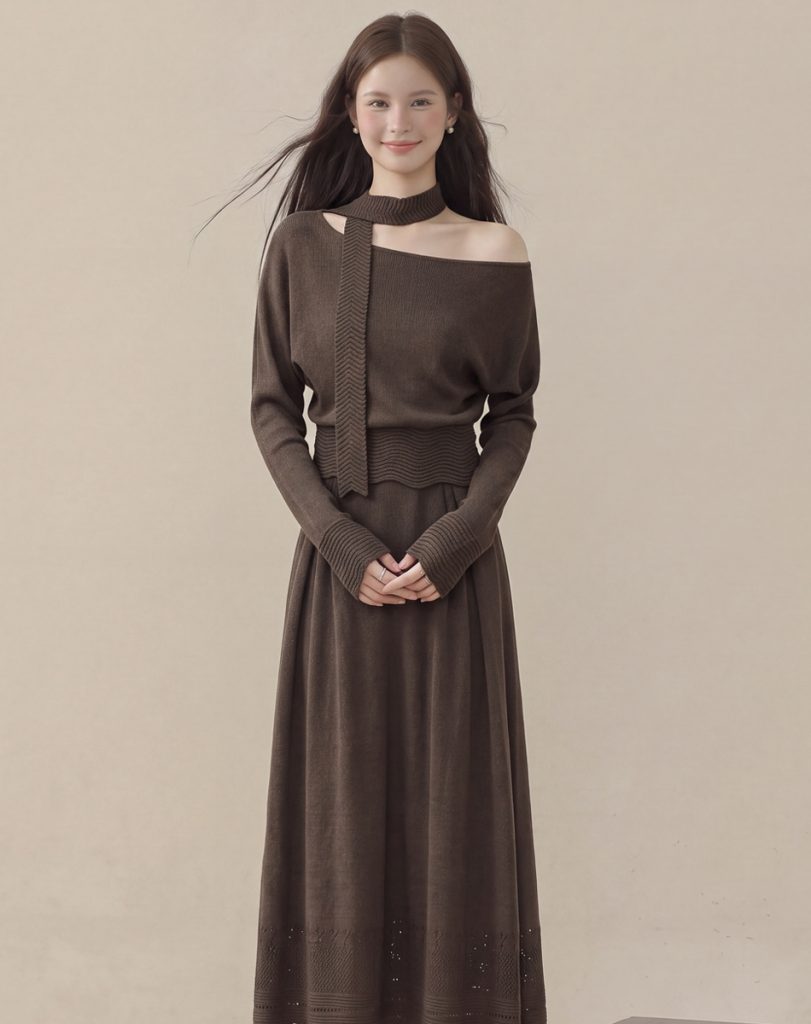 Korean Style Elegant Hollow Jacquard Off-Shoulder Top and Skirt Two-Piece Knit Set Long Sleeve Waist-Cinched