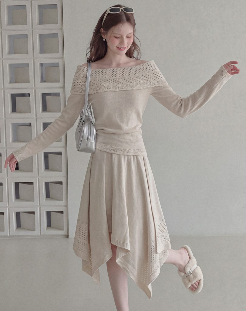 Elegant Hollow Jacquard Off-Shoulder Top and Asymmetric Skirt Two-Piece Knit Set